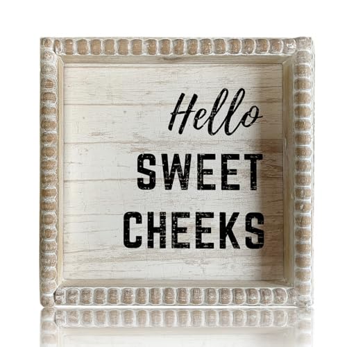 ZLFart Boho Farmhouse Wooden Framed Bathroom Decor Signs, Funny Restroom Decorative Plaque Small Cute, Toilet Rules Shelf Decoration (Hello Sweet Cheeks) - Image 1