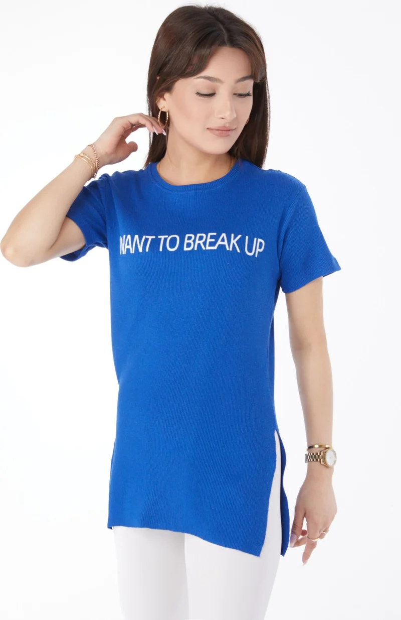 Tofisa Plain Crew Neck Women's Blue Printed Slit T-Shirt - 24791