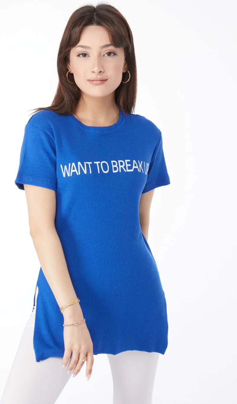 Tofisa Plain Crew Neck Women's Blue Printed Slit T-Shirt - 24791