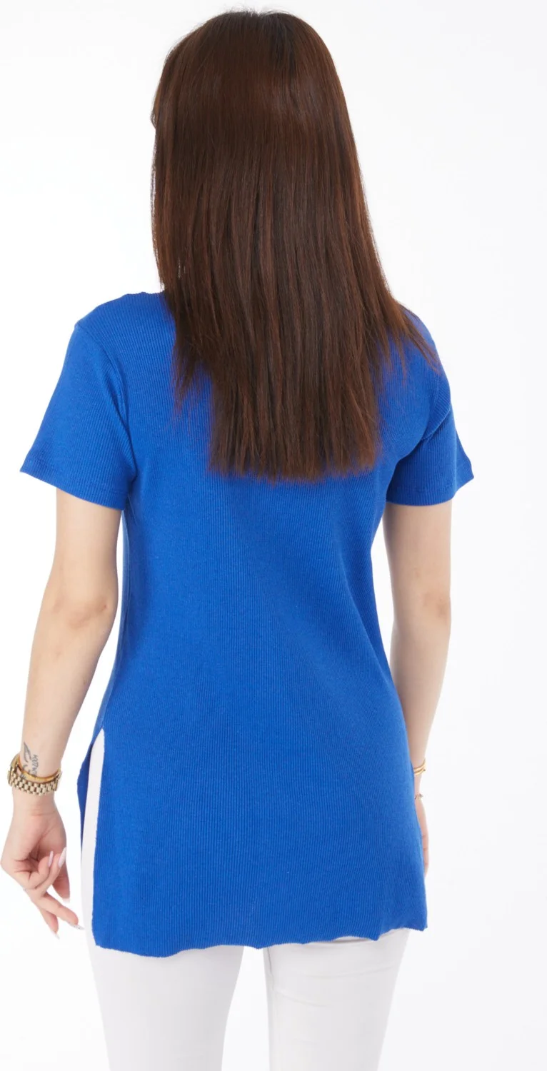 Tofisa Plain Crew Neck Women's Blue Printed Slit T-Shirt - 24791