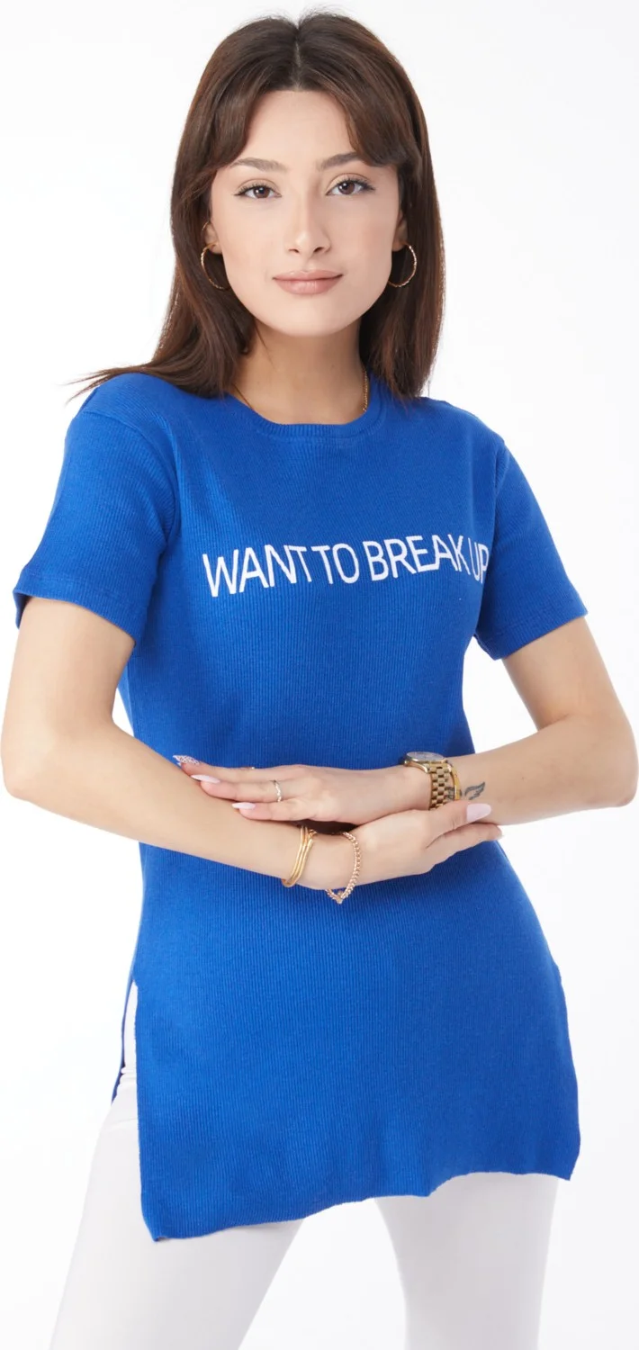 Tofisa Plain Crew Neck Women's Blue Printed Slit T-Shirt - 24791