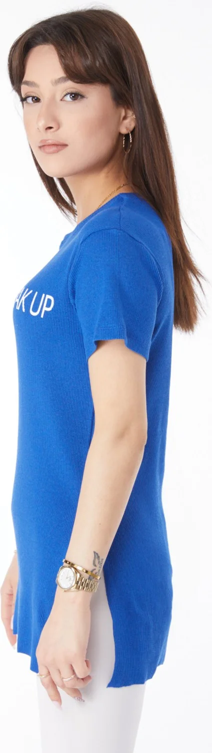 Tofisa Plain Crew Neck Women's Blue Printed Slit T-Shirt - 24791