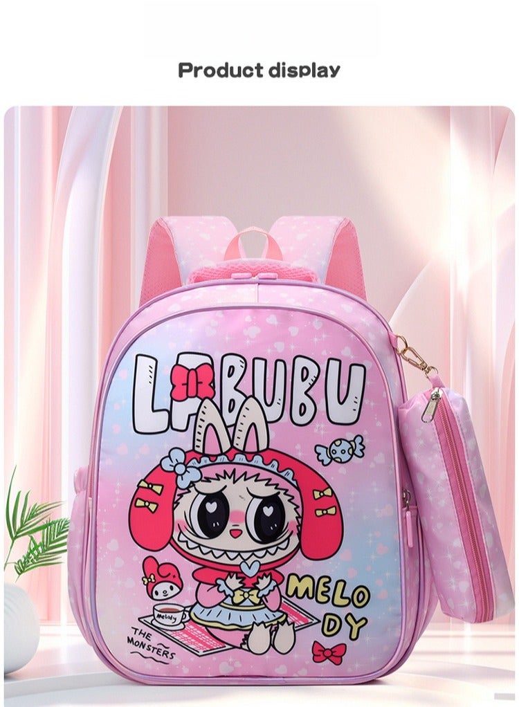 لابوبو حقيبة لابوبو المدرسية للأطفال، روضة أطفال، مدرسة ابتدائية، حقيبة مدرسية لطيفة برسومات كرتونية، للأولاد والبنات، حقيبة ظهر خفيفة الوزن، 35*28*12 سم + مقلمة مجانية - Image 2
