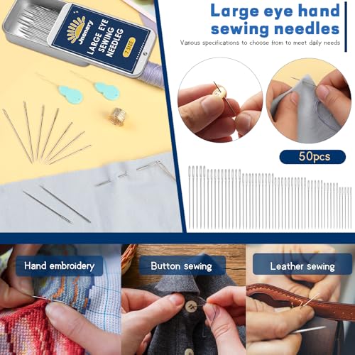 JNENERY 50 Pcs Large Eye Sewing Needles, 7 Size Sewing Needles for Handsewing, Leather Embroidery Thread Sharp Needle, Stainless Steel Yarn Knitting Needle with Threader, Thimble for Repair, Quilting - Image 5