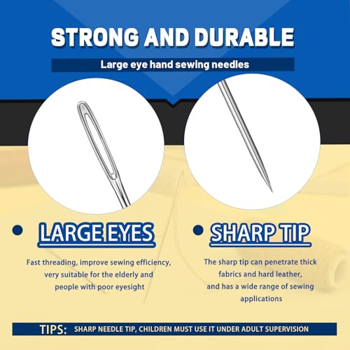 JNENERY 50 Pcs Large Eye Sewing Needles, 7 Size Sewing Needles for Handsewing, Leather Embroidery Thread Sharp Needle, Stainless Steel Yarn Knitting Needle with Threader, Thimble for Repair, Quilting - Image 3