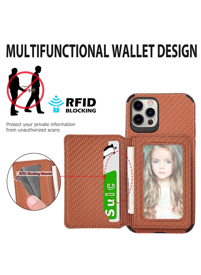 The Bros Phone Case For iPhone 12 / 12 Pro Carbon Fiber Magnetic Card Bag TPU+PU Shockproof Back Cover Phone Case with Holder & Card Slot & Photo Frame  - Image 4