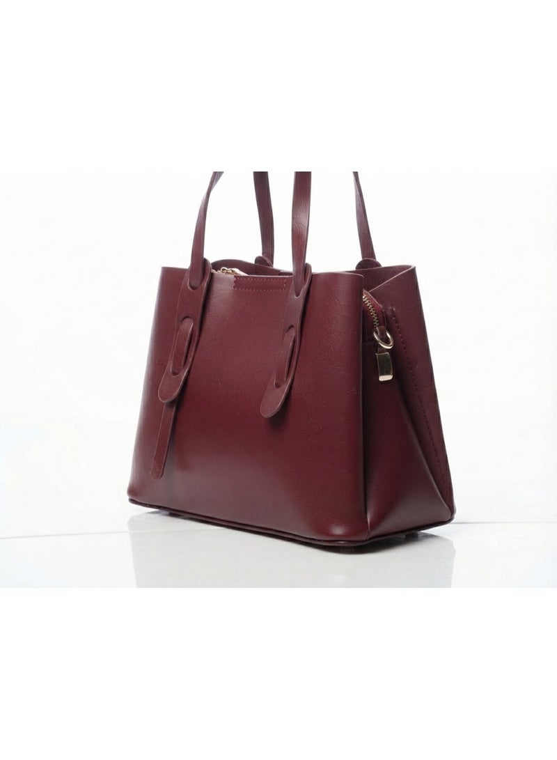 Women's Tote Satchel Handbag Deep Burgundy Smooth Leather Structured Design - Image 3
