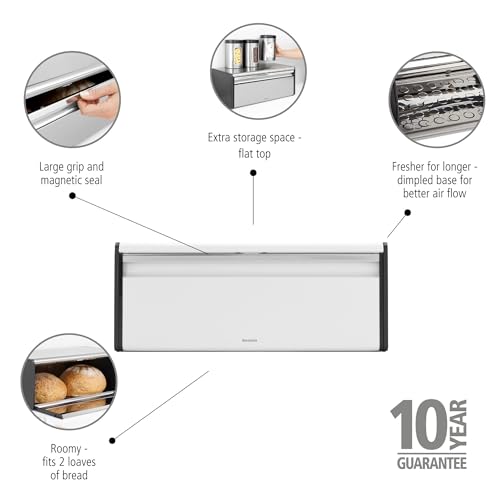 Brabantia Rectangular Fall Front Bread Box White Large Metal Front Opening Bread Store for Kitchen Countertop Flat Top for Extra Storage Magnet Closing Lid Fits 2 Loaves - Image 3