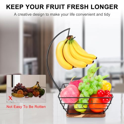 Livabber Countertop Fruit Basket Bowl with Banana Hanger, Modern Standing Fruit Vegetable Bowl Storage, with Banana Tree Holder for Kitchen Dinning Table (Square Wood, Black) - Image 5