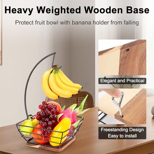 Livabber Countertop Fruit Basket Bowl with Banana Hanger, Modern Standing Fruit Vegetable Bowl Storage, with Banana Tree Holder for Kitchen Dinning Table (Square Wood, Black) - Image 3