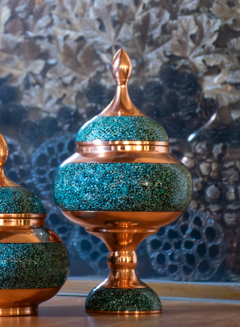 Aghajani Handcrafted Antique Turquoise and Copper Candy Dish Bowl with Lid, 27cm Vintage-Inspired Home Decor - Image 2