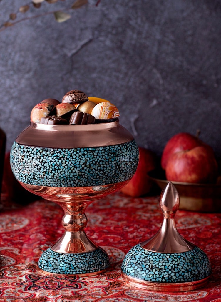 Aghajani Handcrafted Antique Turquoise and Copper Candy Dish Bowl with Lid, 27cm Vintage-Inspired Home Decor - Image 1
