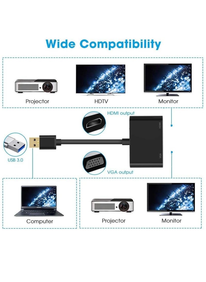 ماركة غير محددة "محول USB 3.0 إلى HDMI وVGA بمخرج مزدوج - نقل فيديو وصوت عالي السرعة، يدعم ويندوز وماك أو إس، أسود"  - Image 3