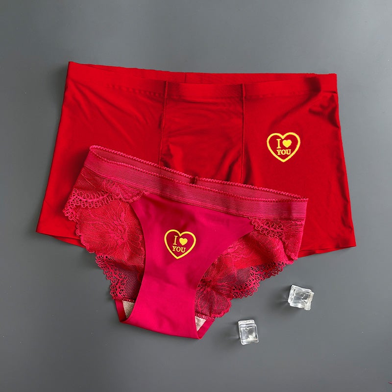 Couple'S Underwear Light Luxury Ice Silk Seamless White One Male And One Female Couple'S Lace Pure Desire Simple Love You - Image 1