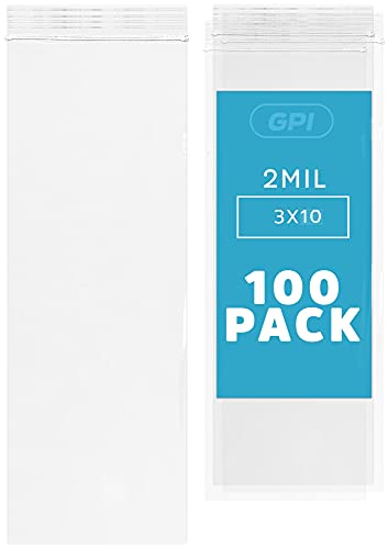 GPI 3" x 10" Long Zip Bags, 100 Pack, Clear Plastic Reclosable Zip Baggies, 2 Mil Thick, Resealable Poly Bags for Packaging Insence, Necklaces, Jewelry & Office Supplies. GPI - Image 1