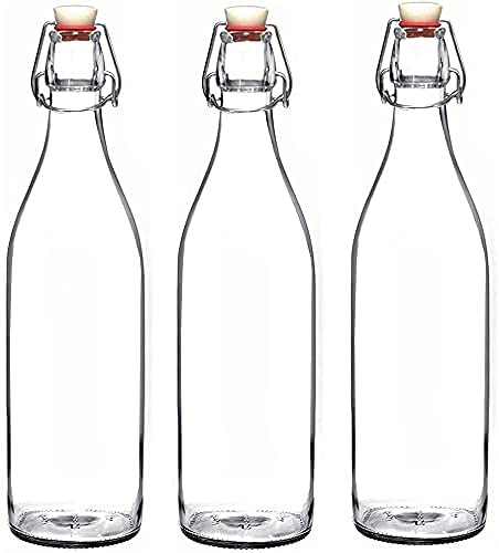 Avvic Mart Crystal Clear Transparent Glass Water Bottle with Air tight Leak Proof Swing Flip Top Cap Lid Bottle for Water Beer Soda and Beverages 1000ml Pack of 1