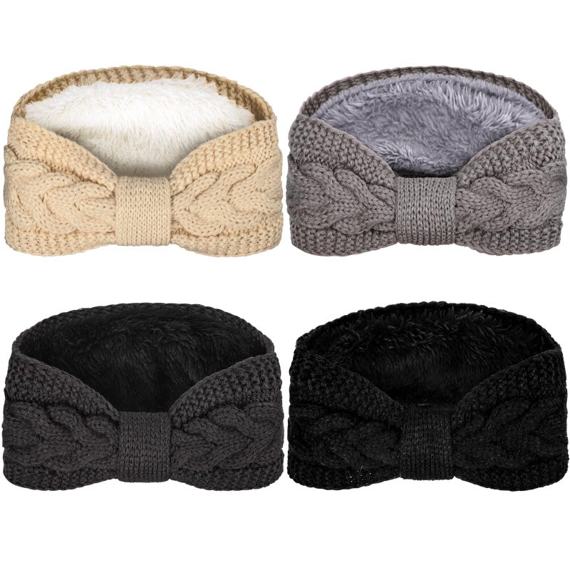 Whaline 4 Pack Twisted Knit Headbands Winter Knotted Head Wraps Fuzzy Lined Headband Thick Crochet Turban Ear Warmer Elastic Hair Band Accessories for Women (Beige, Black, Grey) - Image 3