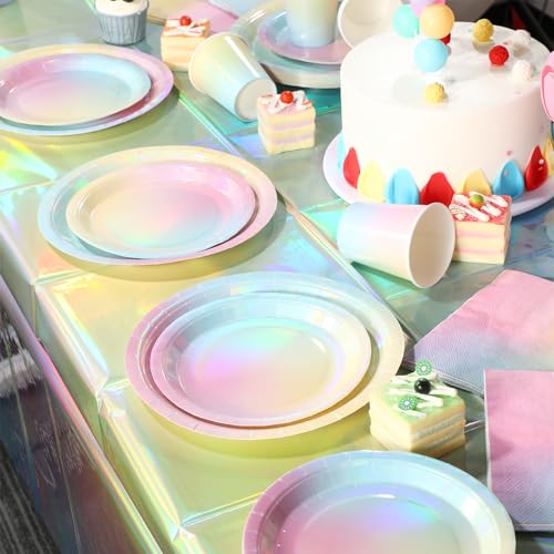 FunnyPars Iridescent Rainbow Party Decorations - Serve 25, Holographic Pastel Paper Plates and Napkins, Disposable Iridescent Rainbow Plates, Cups, Napkins for Girls Birthday, Wedding, Baby Shower - Image 5