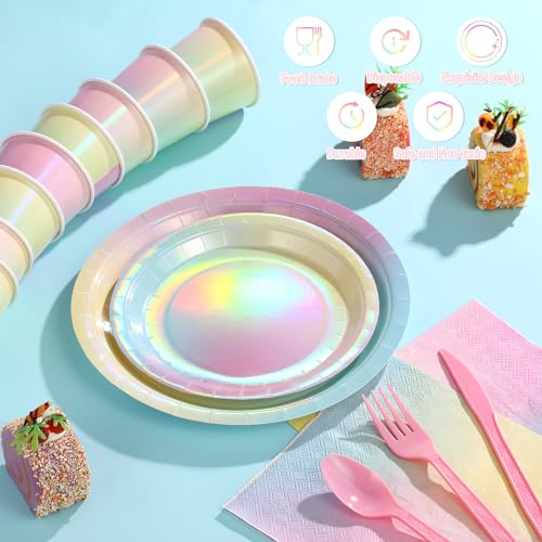 FunnyPars Iridescent Rainbow Party Decorations - Serve 25, Holographic Pastel Paper Plates and Napkins, Disposable Iridescent Rainbow Plates, Cups, Napkins for Girls Birthday, Wedding, Baby Shower - Image 3