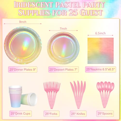 FunnyPars Iridescent Rainbow Party Decorations - Serve 25, Holographic Pastel Paper Plates and Napkins, Disposable Iridescent Rainbow Plates, Cups, Napkins for Girls Birthday, Wedding, Baby Shower - Image 2