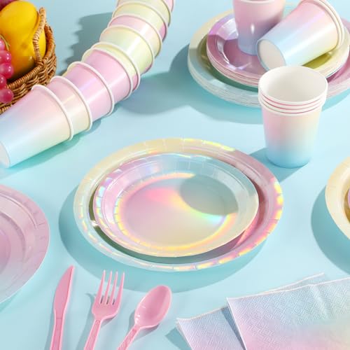 FunnyPars Iridescent Rainbow Party Decorations - Serve 25, Holographic Pastel Paper Plates and Napkins, Disposable Iridescent Rainbow Plates, Cups, Napkins for Girls Birthday, Wedding, Baby Shower - Image 4