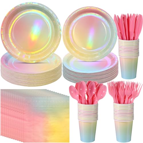 FunnyPars Iridescent Rainbow Party Decorations - Serve 25, Holographic Pastel Paper Plates and Napkins, Disposable Iridescent Rainbow Plates, Cups, Napkins for Girls Birthday, Wedding, Baby Shower - Image 1