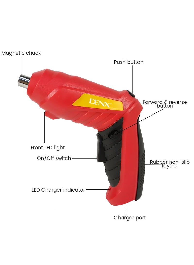 Denx 4.2V Cordless Electric Screwdriver Drill Driver Kit, 1300mAh Battery, 250RPM, USB Rechargeable, LED Light, 70 Min Working Time, 42 PCS Set with Bits, Sockets, Case DX2502 - Image 3