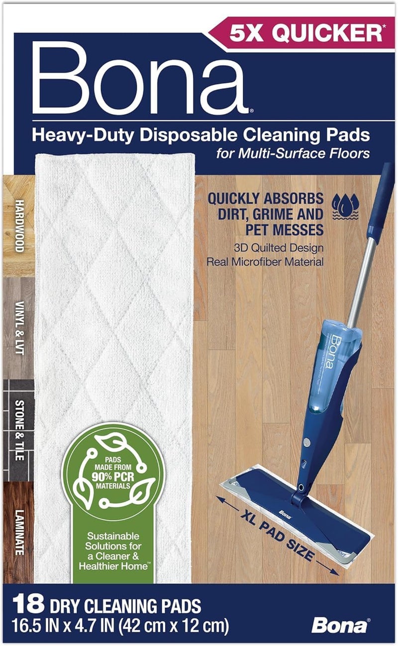 BONA Multi-Surface Floor Cleaning Pads - 18 Refills - Heavy-Duty, Disposable, Microfiber Pads for Easy Floor Cleaning - Image 1
