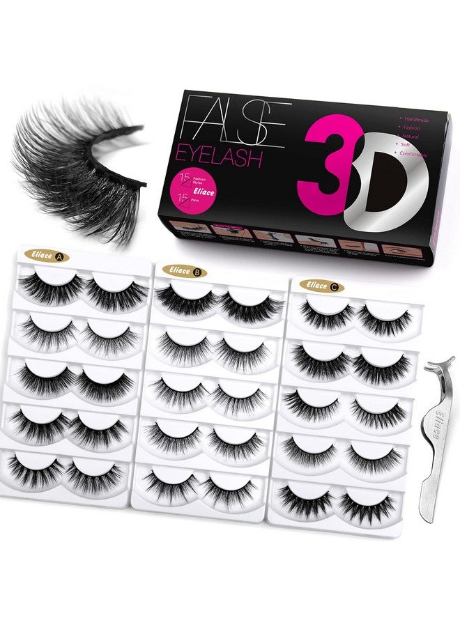 Eliace Fluffy Eyelashes 3D Mink Lashes Cat Eyes 15 Mixed Styles 15 Pairs Reusable Soft Fake Eyelashes Volume Strip Lashes Natural Look Wispies & Big False Eyelashes Pack - with False Lashes Tweezers - Image 1
