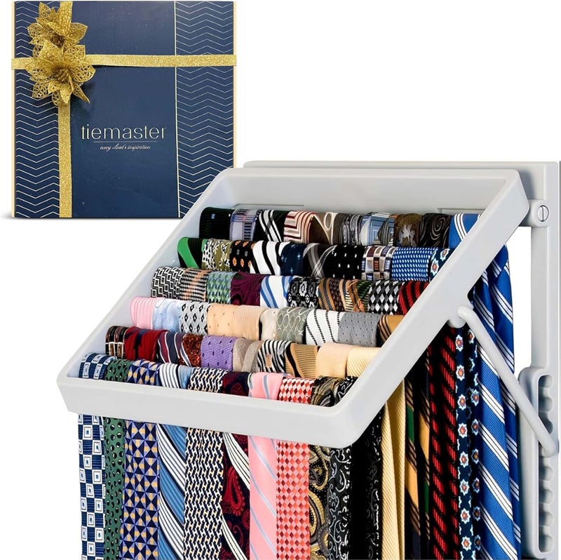 TieMaster Tie Rack and Scarf Organizer, Battery-Free Design, Holds 60 Ties and Scarves with 5 Belt Hooks, Easy Installation, Wall Mounted Tie Organizer, for Men & Women - Image 1