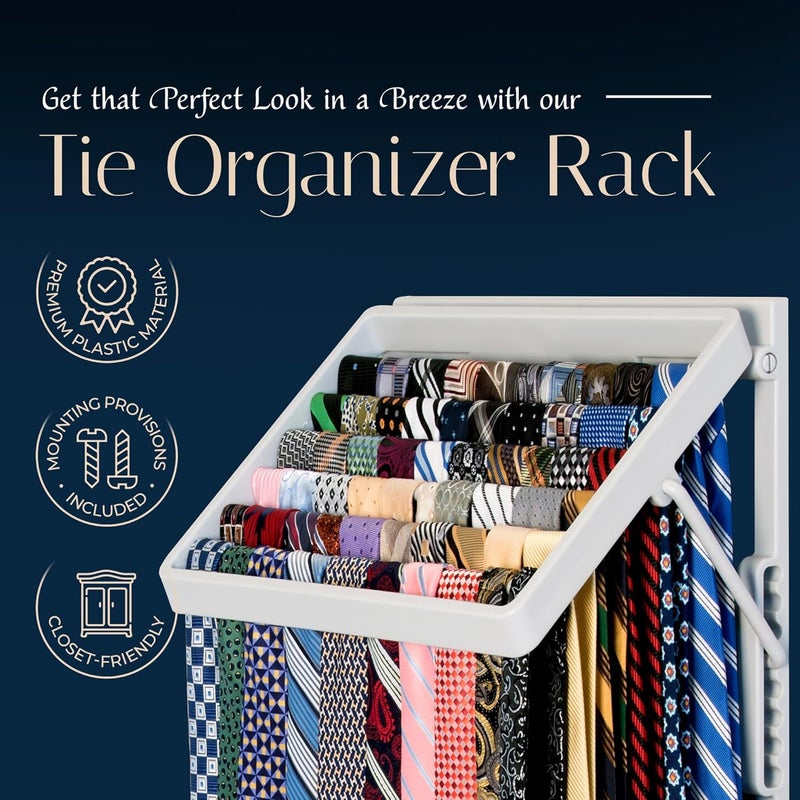 TieMaster Tie Rack and Scarf Organizer, Battery-Free Design, Holds 60 Ties and Scarves with 5 Belt Hooks, Easy Installation, Wall Mounted Tie Organizer, for Men & Women - Image 2