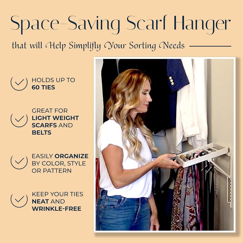 TieMaster Tie Rack and Scarf Organizer, Battery-Free Design, Holds 60 Ties and Scarves with 5 Belt Hooks, Easy Installation, Wall Mounted Tie Organizer, for Men & Women - Image 4
