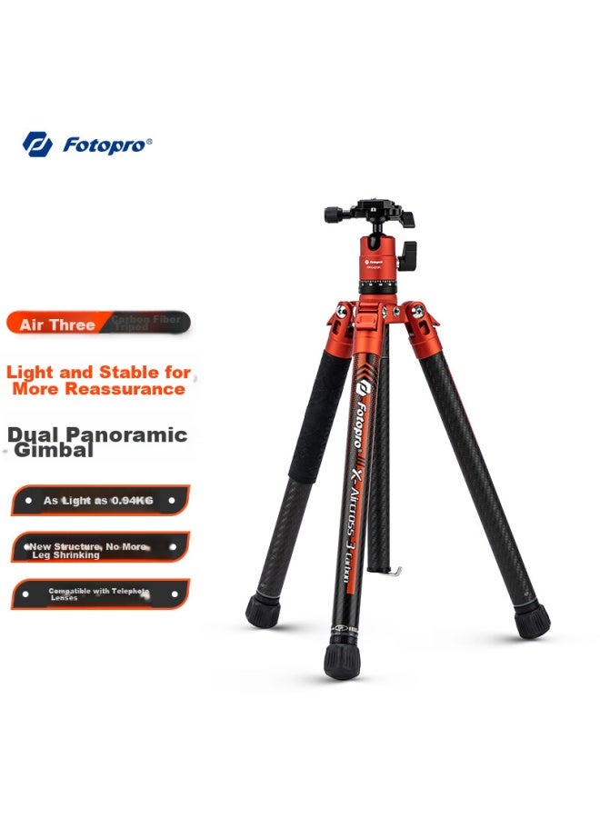 فوتوبرو Fotopro Air 3 Dual رأس كروي بانورامي كربون فايبر كاميرا تصوير فوتوغرافي وفيديو تريبود، لون برتقالي لهبي، الوزن 0.9kg، مشبك هاتف - Image 2