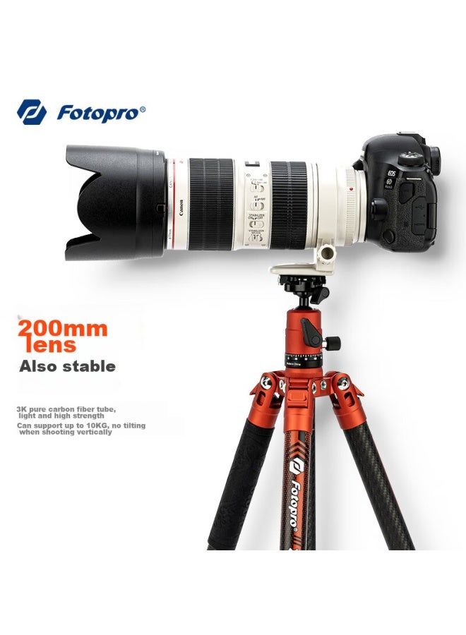 فوتوبرو Fotopro Air 3 Dual رأس كروي بانورامي كربون فايبر كاميرا تصوير فوتوغرافي وفيديو تريبود، لون برتقالي لهبي، الوزن 0.9kg، مشبك هاتف - Image 4