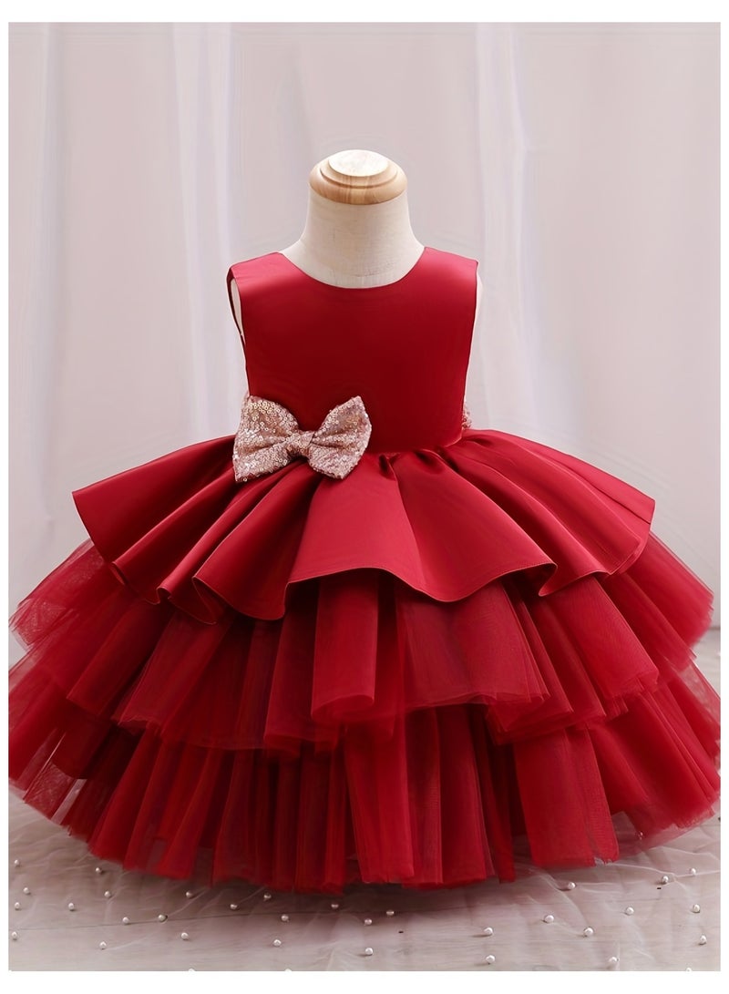 Adorable Girls' Princess Dress with Bowknot – Sleeveless Back Cut-Out Design, Birthday Party Dress for Kids, Princess Dresses for Girls, Kids Girl Dress, Tulle Dress, Girls Frock, Kids Wear Girls – Red, 110cm (4-5Y) - Image 1