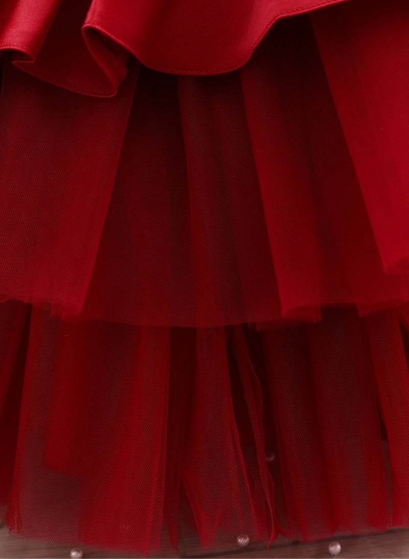 Adorable Girls' Princess Dress with Bowknot – Sleeveless Back Cut-Out Design, Birthday Party Dress for Kids, Princess Dresses for Girls, Kids Girl Dress, Tulle Dress, Girls Frock, Kids Wear Girls – Red, 110cm (4-5Y) - Image 4