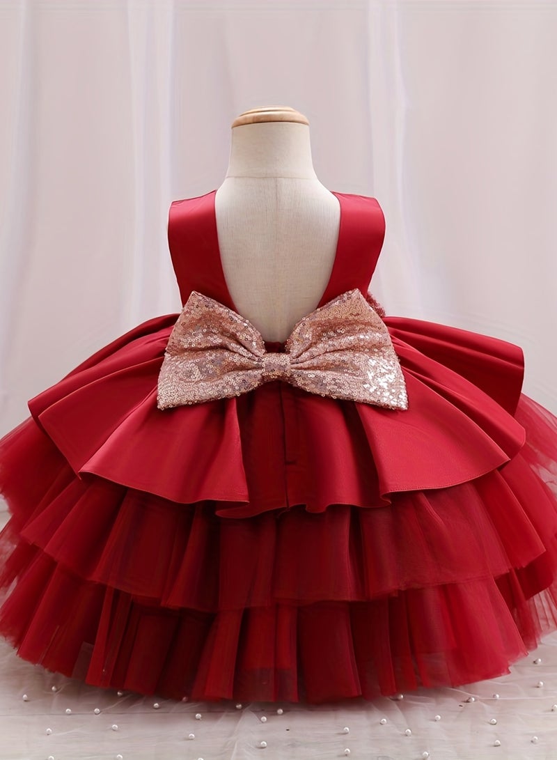 Adorable Girls' Princess Dress with Bowknot – Sleeveless Back Cut-Out Design, Birthday Party Dress for Kids, Princess Dresses for Girls, Kids Girl Dress, Tulle Dress, Girls Frock, Kids Wear Girls – Red, 110cm (4-5Y) - Image 2