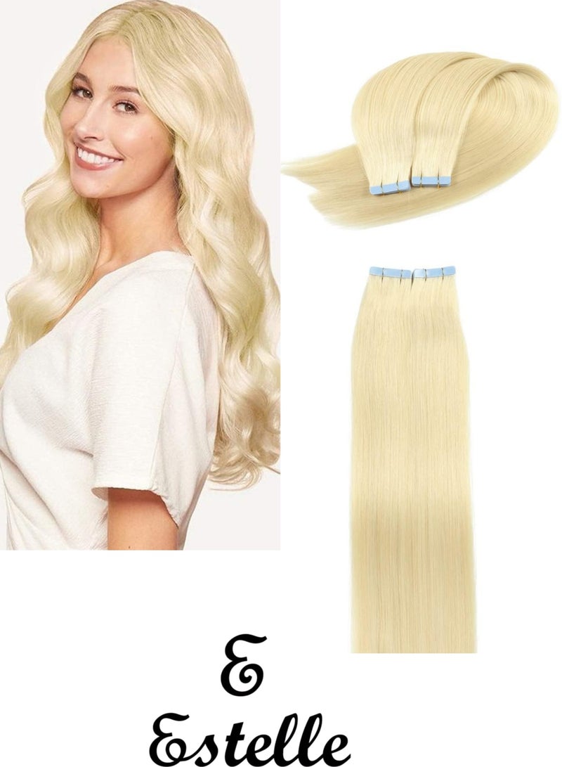 إستيل شريط تمديد شعر طبيعي، شريط طبيعي مفرود بنسيج ريمي بشري غير ملحوم (24 بوصة، أشقر بلاتيني 60) - Image 1