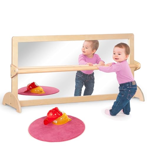 KRAND 3Position Montessori Wood Frame NonShatter Safety Pull Up Bar Baby Big Mirror Set Infant Coordination Mirror Kids Classroom Furniture for Daycare Homeschool or Preschool
