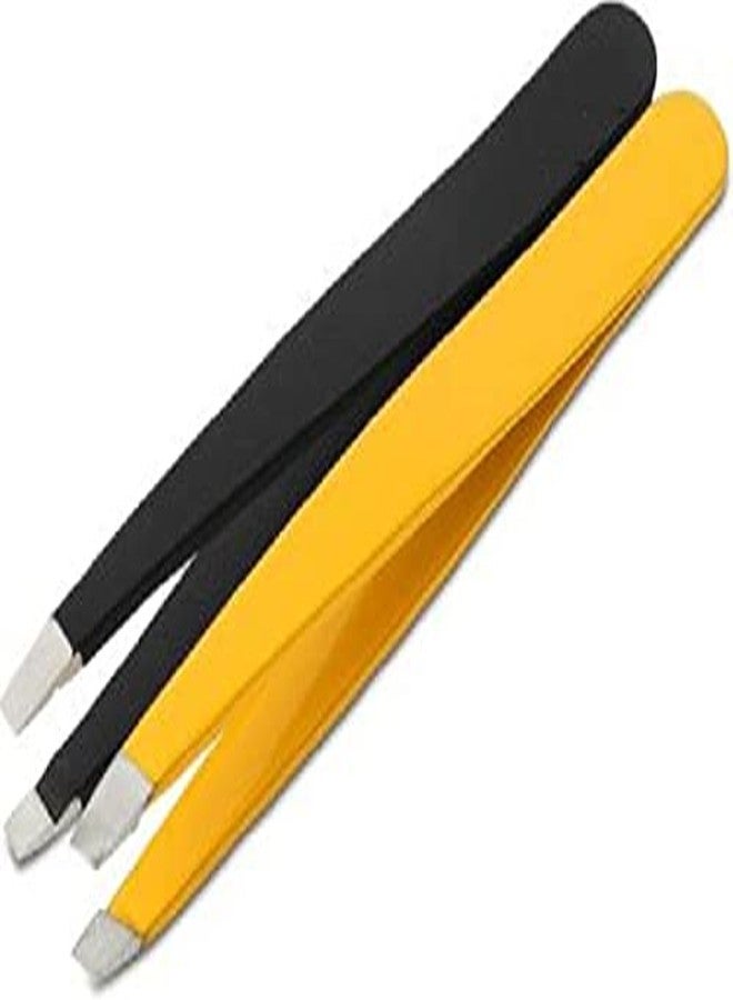 Elecsera Black & Yellow Slant Tip Plucker Tweezer Blackhead Removal, Facial Hair Removal Beauty Tool For Men And Women Combo Set Of 2 - Image 1
