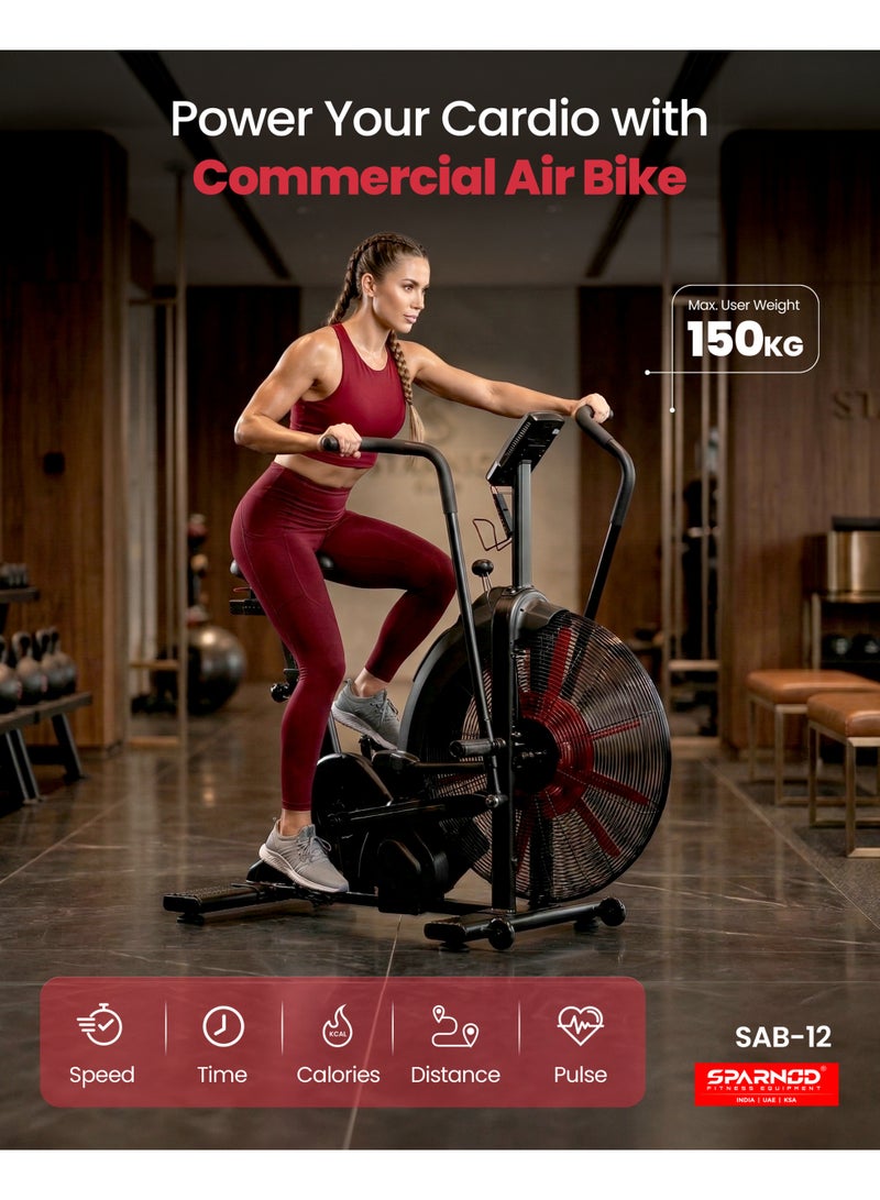 Sparnod Fitness دراجة هوائية تجارية سبارنوود فيتنس SAB-12 – حزام مغناطيسي ونظام قيادة سلسلة، 216 برنامج، وحدة تحكم فترات، مقعد مريح قابل للتعديل، مستشعر معدل ضربات القلب، إطار فولاذي ثقيل، سعة 150 كجم - Image 2