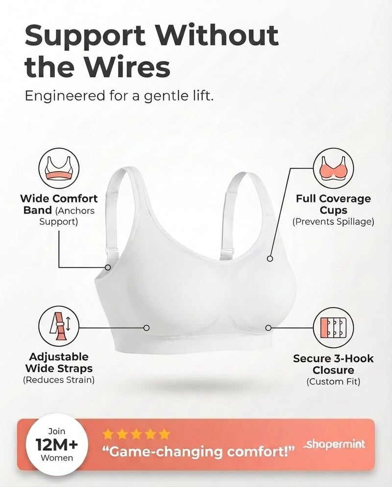 SHAPERMINT Bras for Women No Underwire - Seamless Bras for Women, Wireless Bra, Adjustable Plus Size Bra White - Image 4