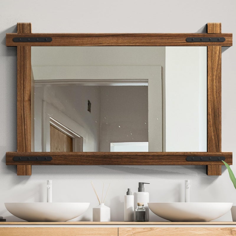 YOSHOOT Farmhouse Wood Bathroom Mirror 32x24 Rustic Wall Mirror Round Corner Vanity Mirror for Decor Vertical or Horizontal Hanging Selected Wood 100 Handmade