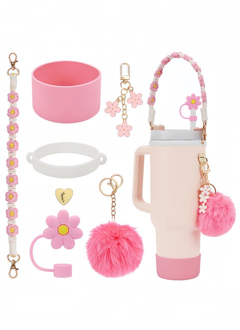 Cup Accessories Bundle, Handle Strap, Silicone Boot, Straw Cover, and Charms for 40oz and 30oz Tumblers (Pink)