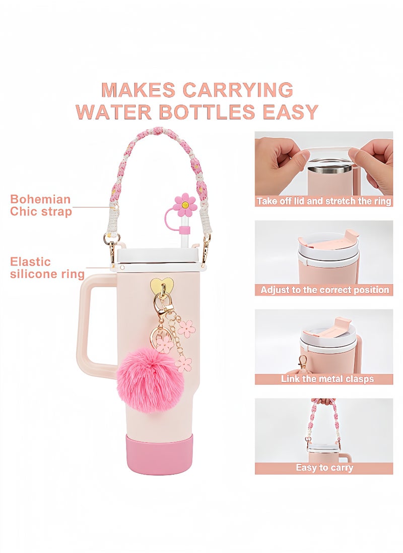 Peachjoy - Cup Accessories Bundle, Handle Strap, Silicone Boot, Straw Cover, and Charms for 40oz and 30oz Tumblers (Pink) - Image 1