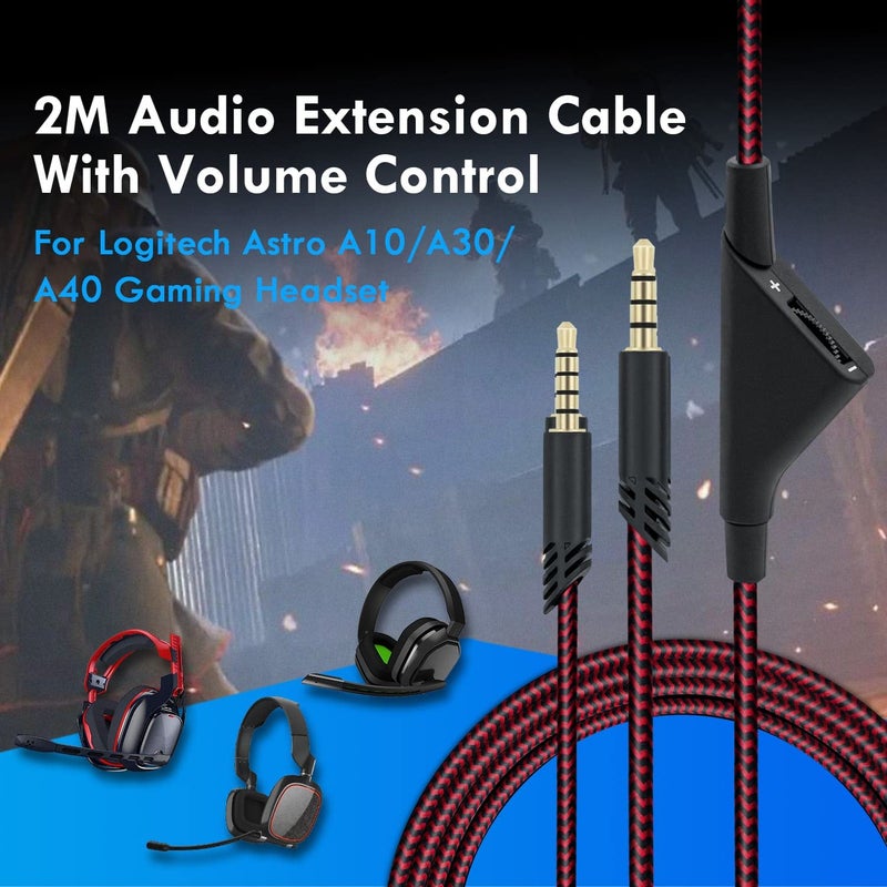 Wigearss Replacement for Astro A10 A40 Headset Cable Cord with Volume Control and Inline Mute Function 2M 6.5Ft Durable Braided Cable Compatible with Astro A40TR/A40/A30/A10 Gaming Headsets Cord-Red - Image 2