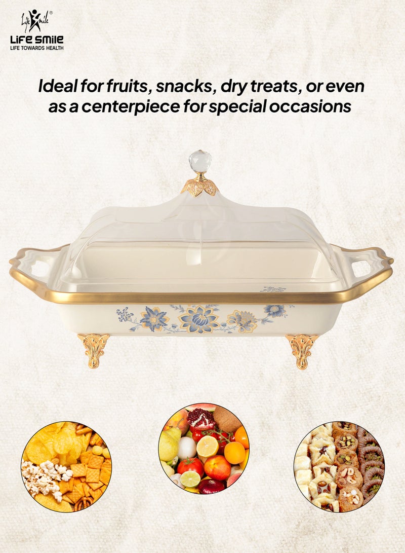 Life Smile Life Smile LIFE SMILE Round Bone China Fruit Bowl With Cover  - Serving Basket with Gold Stand and Acrylic Lid with Knob For Fruit ,Snack, Nuts ,Cake & Dessert Storage - Image 3