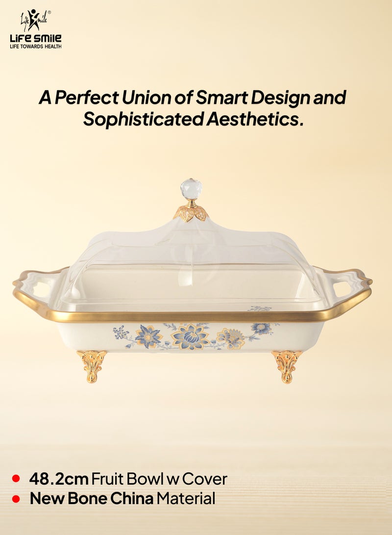 Life Smile Life Smile LIFE SMILE Round Bone China Fruit Bowl With Cover  - Serving Basket with Gold Stand and Acrylic Lid with Knob For Fruit ,Snack, Nuts ,Cake & Dessert Storage - Image 2