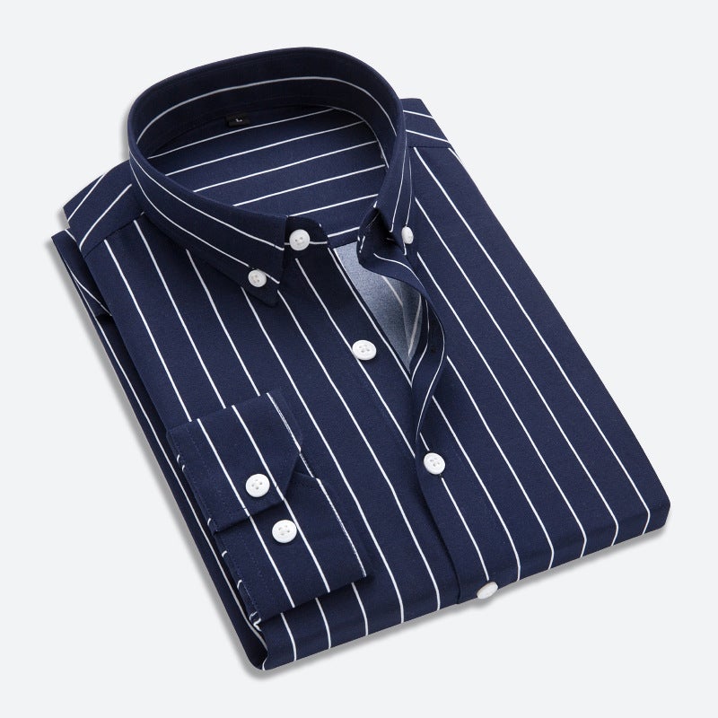 2021 spring and autumn mens Korean-style slim-fit striped long-sleeved shirt fashionable mens casual all-matching youth cardigan Navy blue  - Image 1
