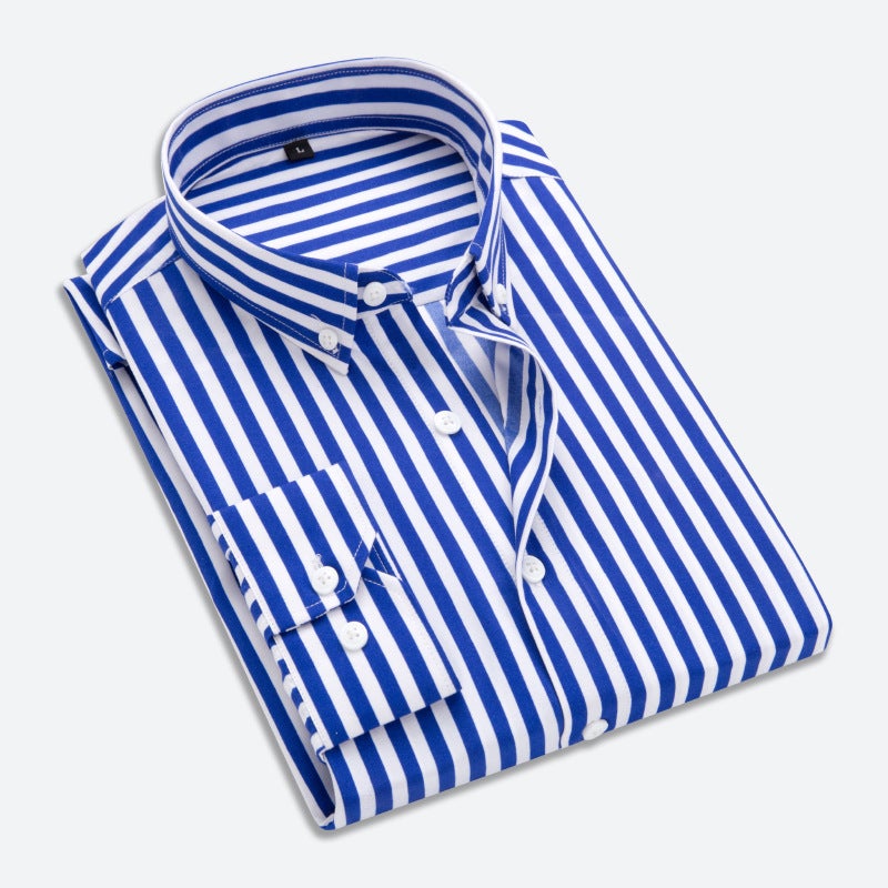 2021 spring and autumn mens Korean-style slim-fit striped long-sleeved shirt fashionable mens casual all-matching youth cardigan Navy blue  - Image 2